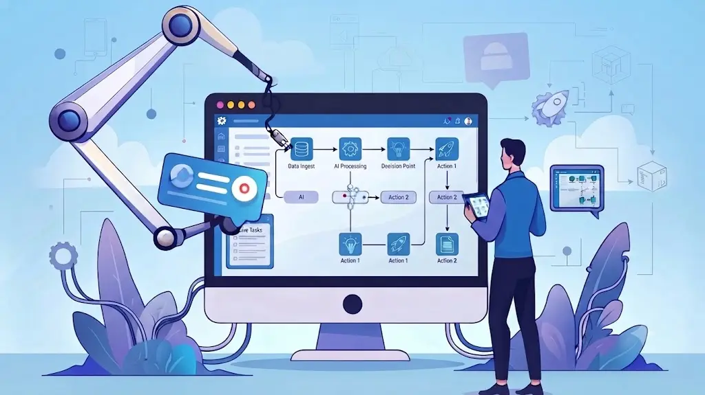 AI workflow automation illustration: a live-tasks flowchart from data ingest through AI processing and decision points, with an operator monitoring on a tablet